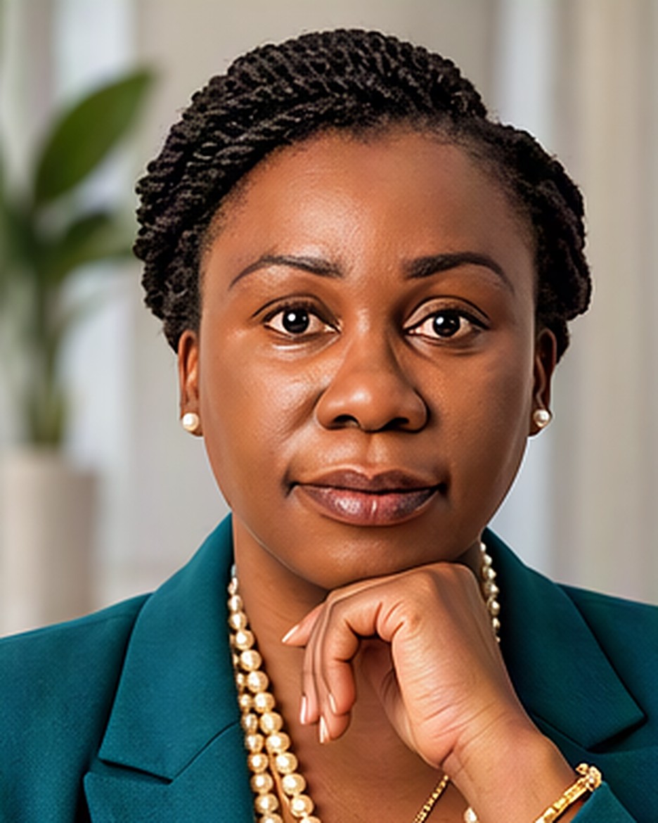 Nankhonde Kasonde-van den Broek in a teal blazer and pearls
